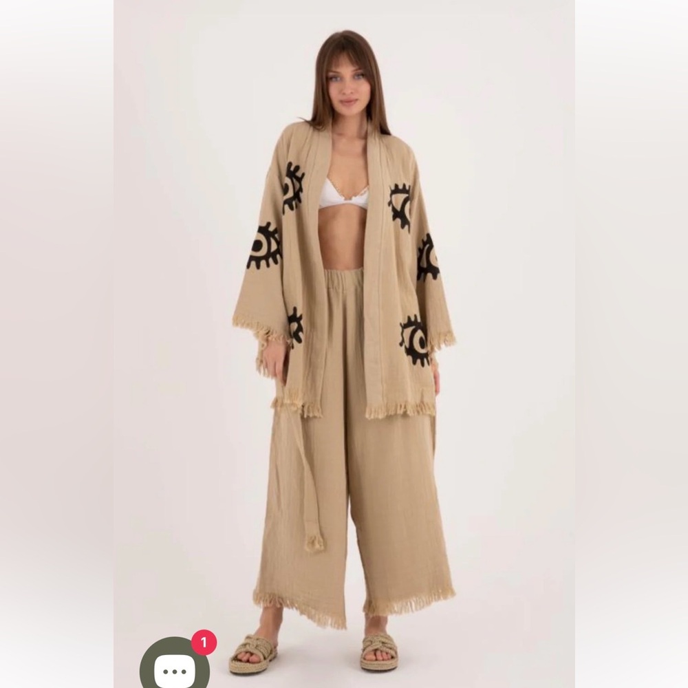 One size, organic Turkish cotton, boho, unisex, evil eye kimono set.
